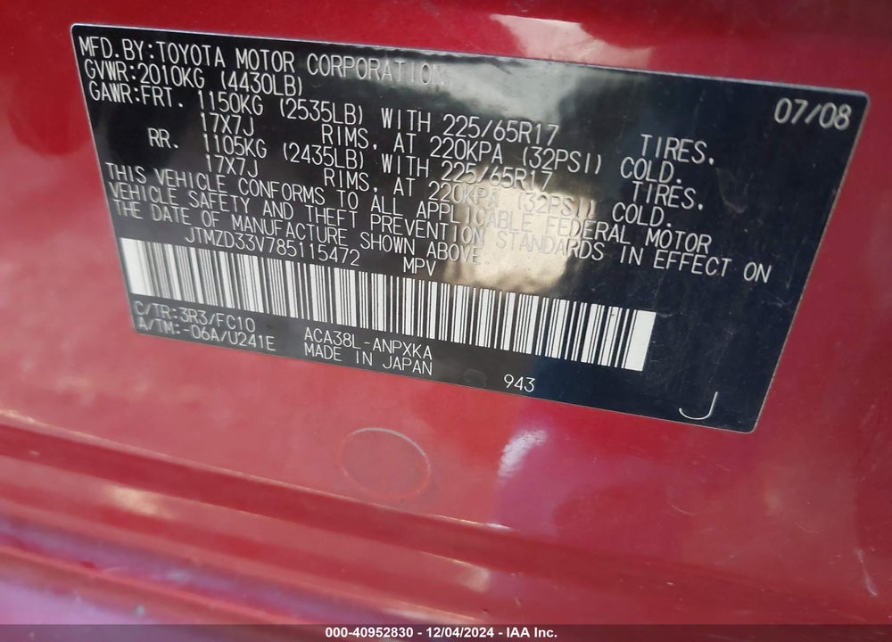 2008 TOYOTA RAV4 VIN: JTMZD33V785115472