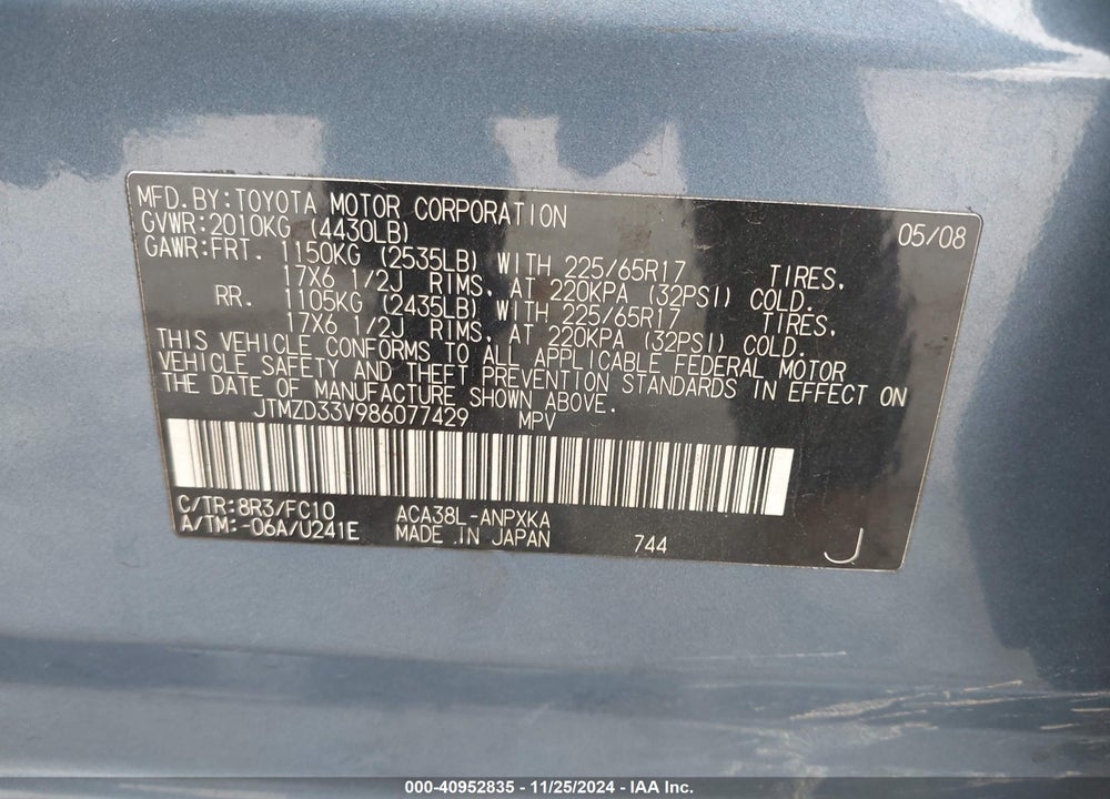 2008 TOYOTA RAV4 VIN: JTMZD33V986077429