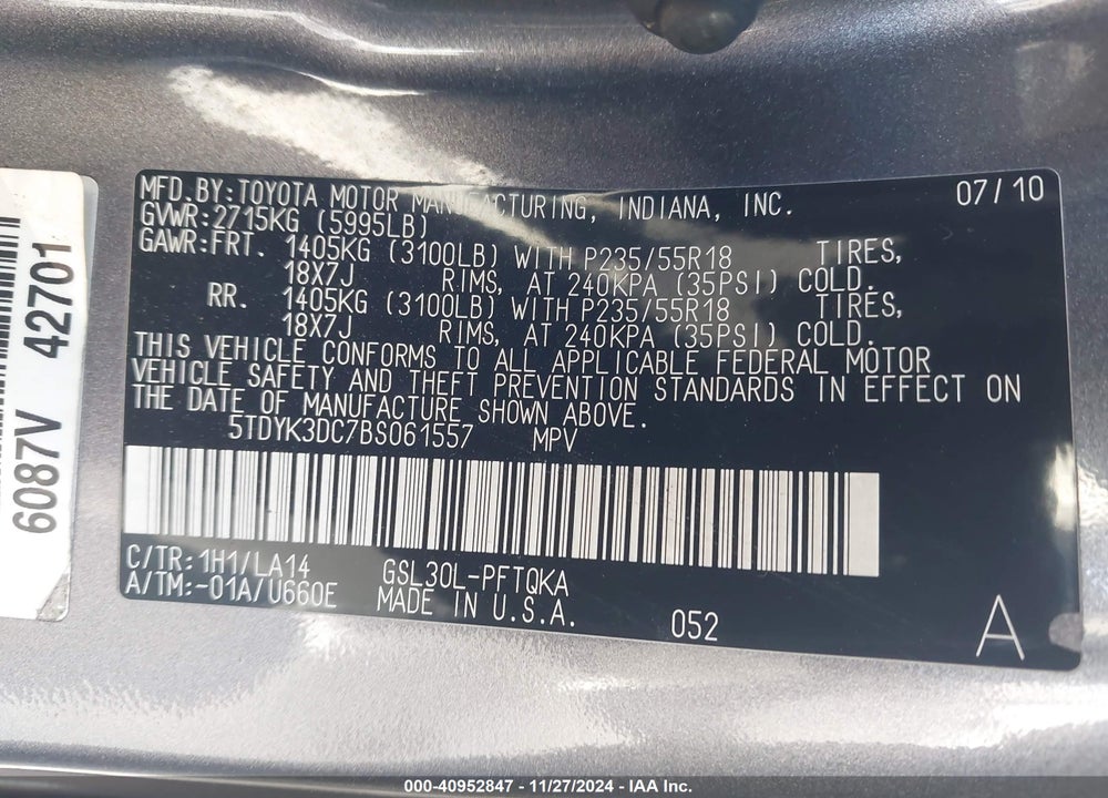 2011 TOYOTA SIENNA XLE LIMITED VIN: 5TDYK3DC7BS061557