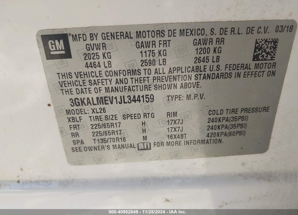 2018 GMC TERRAIN SLE VIN: 3GKALMEV1JL344159