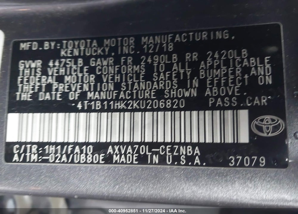 2019 TOYOTA CAMRY LE VIN: 4T1B11HK2KU206820