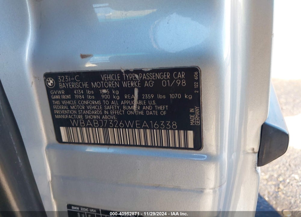 1998 BMW 323IC VIN: WBABJ7326WEA16338