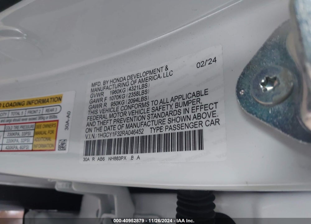 2024 HONDA ACCORD VIN: 1HGCY1F32RA046452
