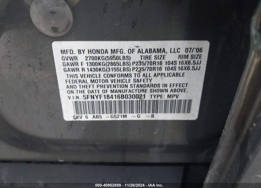 2006 HONDA PILOT EX VIN: 5FNYF18416B030021