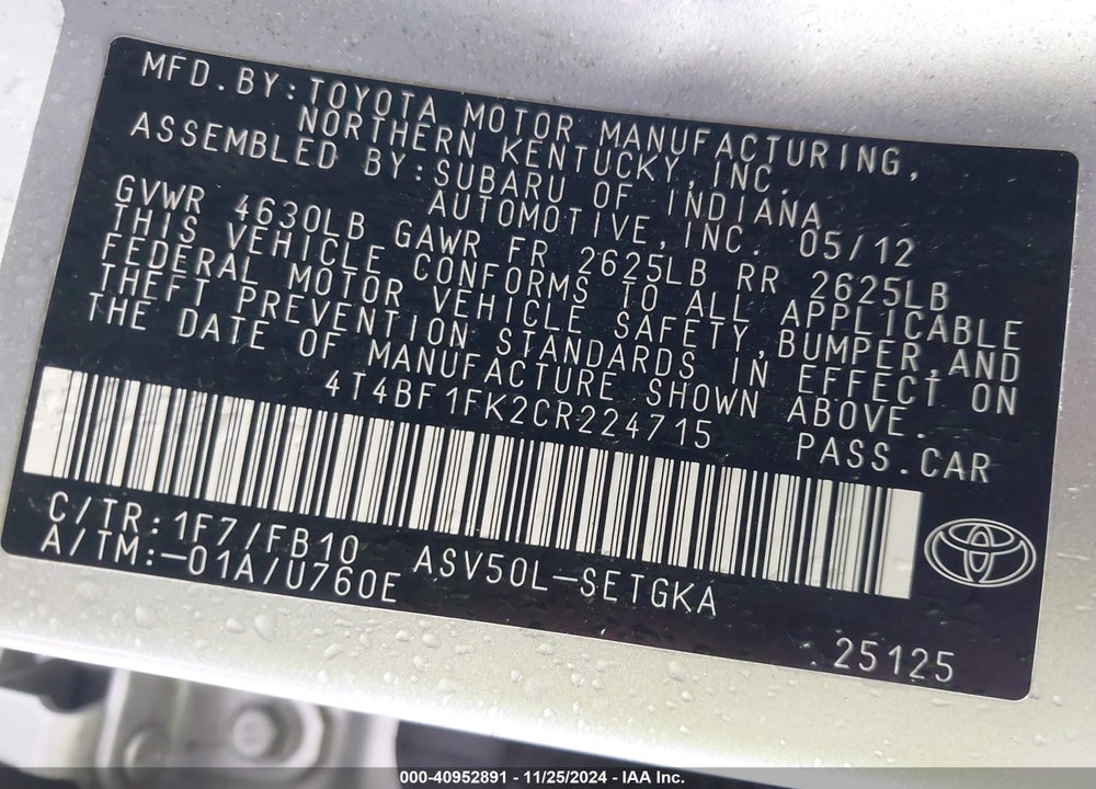 2012 TOYOTA CAMRY XLE VIN: 4T4BF1FK2CR224715