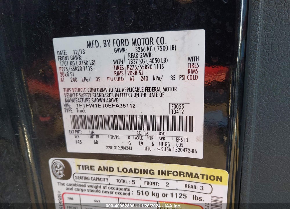 2014 FORD F-150 FX4 VIN: 1FTFW1ET0EFA35112