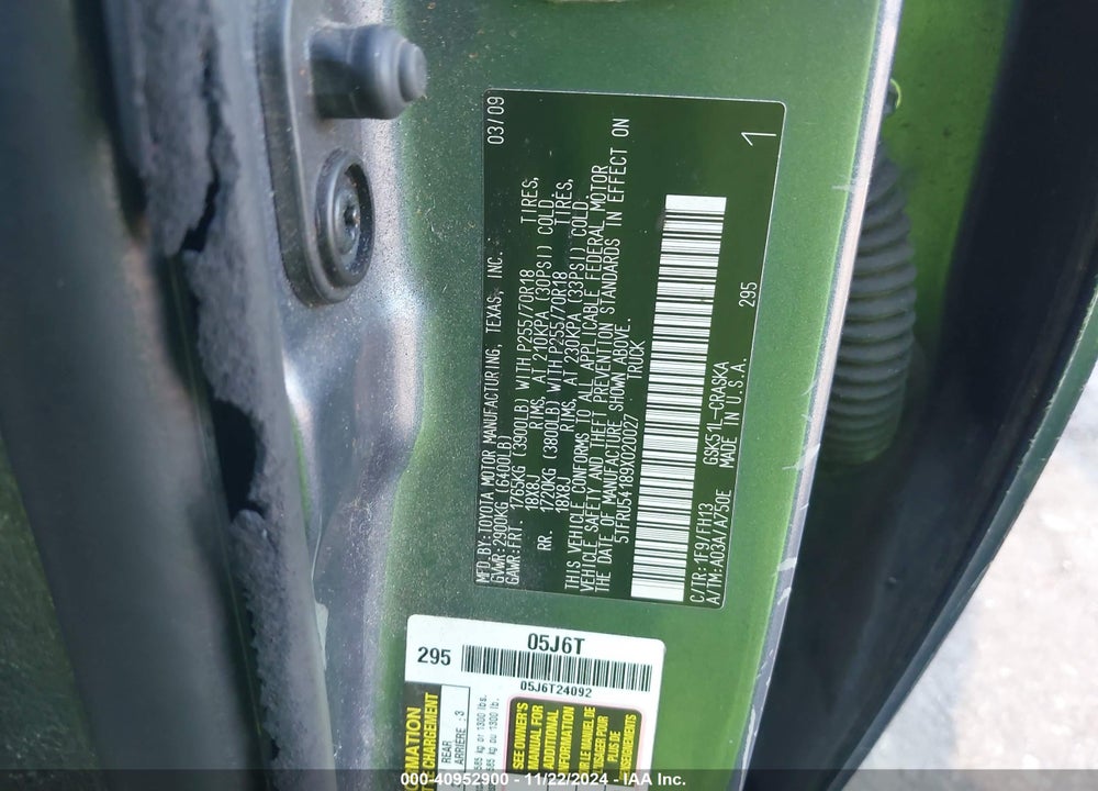 2009 TOYOTA TUNDRA GRADE V6 VIN: 5TFRU54189X020027