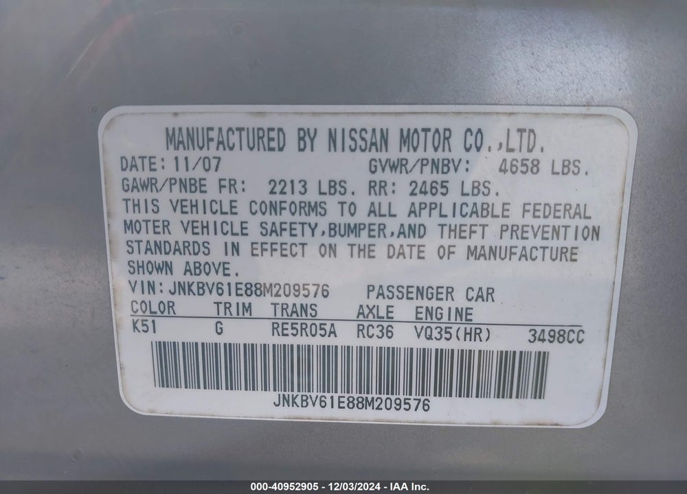 2008 INFINITI G35 VIN: JNKBV61E88M209576