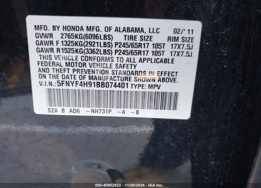 2011 HONDA PILOT TOURING VIN: 5FNYF4H91BB074401