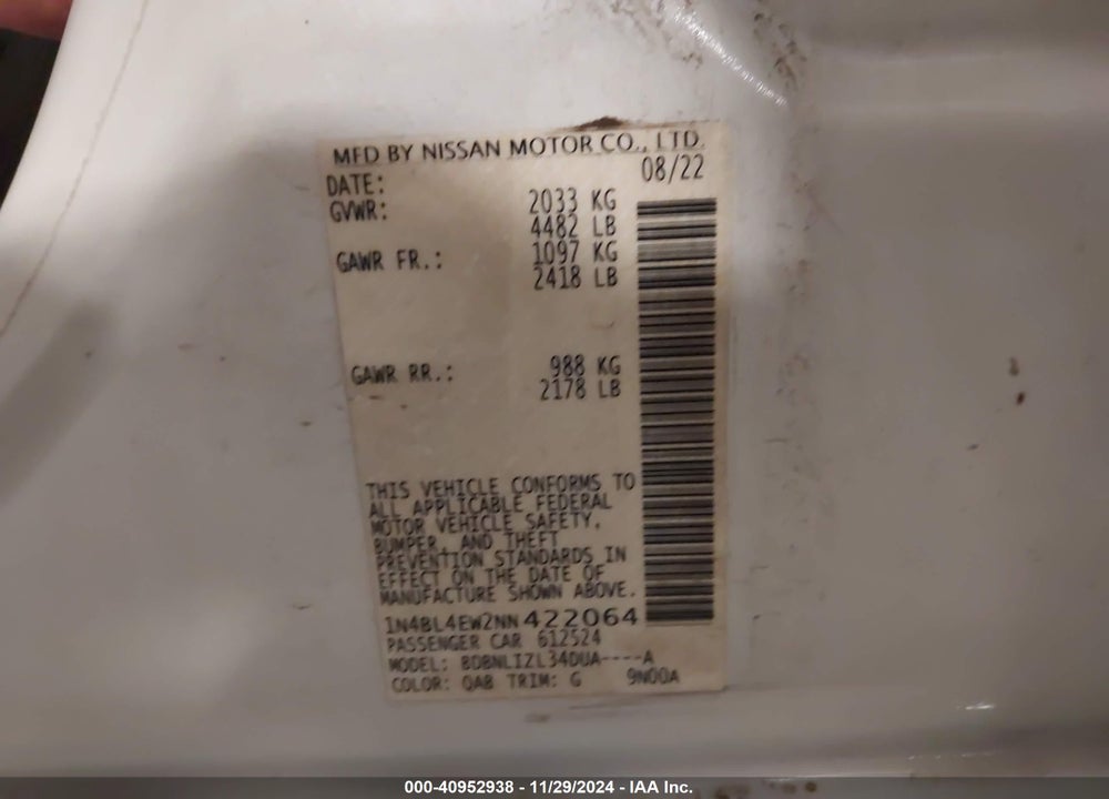 2022 NISSAN ALTIMA SL INTELLIGENT AWD VIN: 1N4BL4EW2NN422064