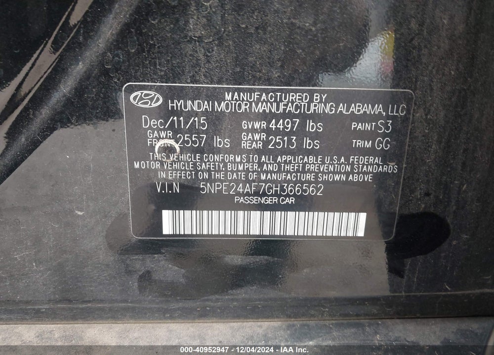 2016 HYUNDAI SONATA SE VIN: 5NPE24AF7GH366562
