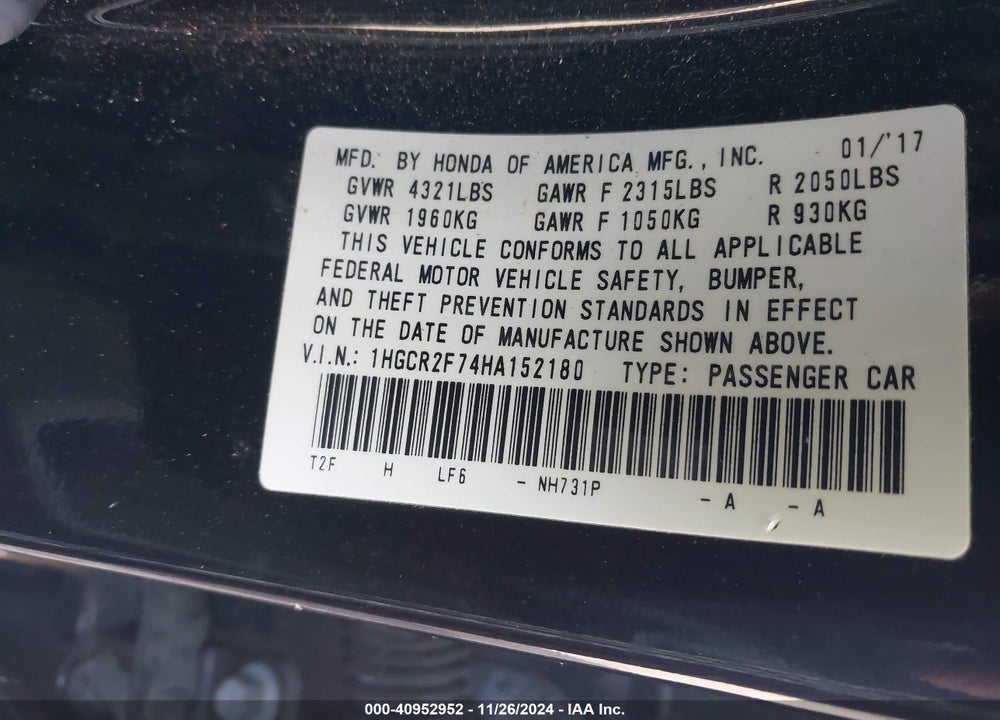 2017 HONDA ACCORD VIN: 1HGCR2F74HA152180