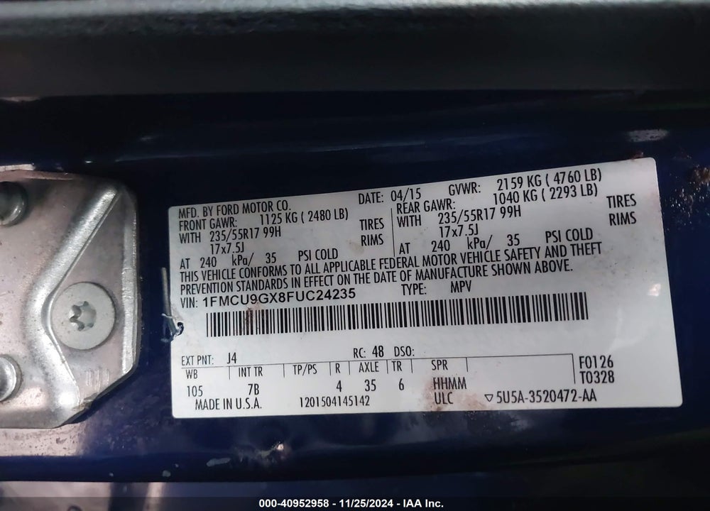 2015 FORD ESCAPE SE VIN: 1FMCU9GX8FUC24235