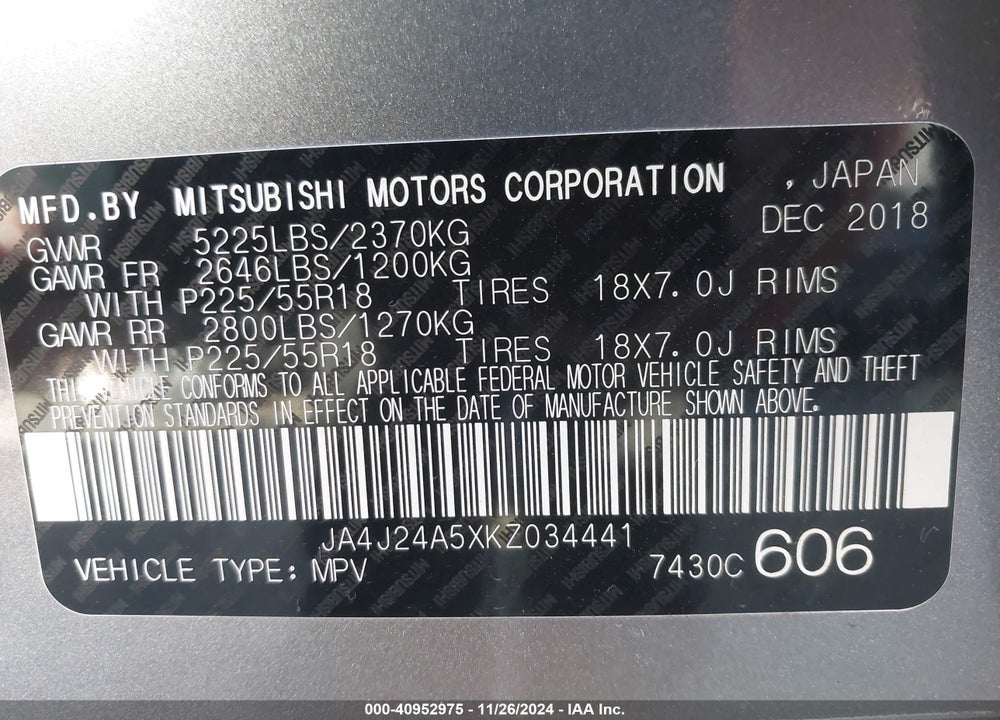 2019 MITSUBISHI OUTLANDER PHEV SEL VIN: JA4J24A5XKZ034441