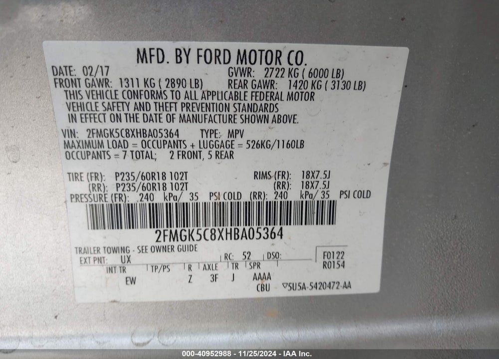 2017 FORD FLEX SEL VIN: 2FMGK5C8XHBA05364