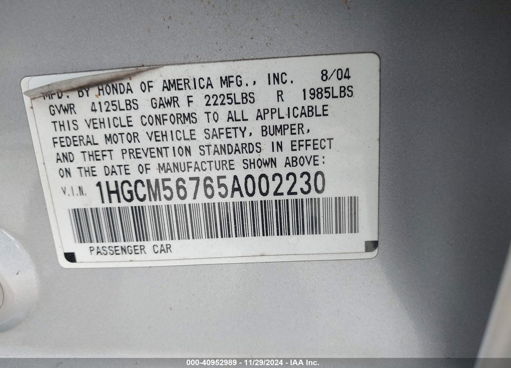 2005 HONDA ACCORD 2.4 EX VIN: 1HGCM56765A002230