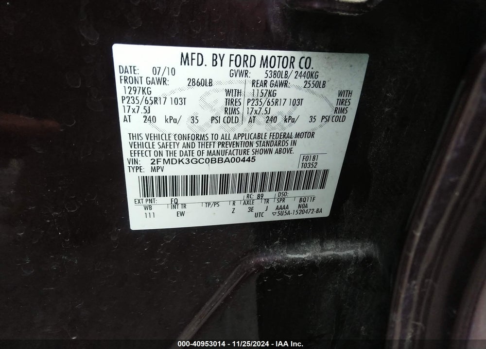 2011 FORD EDGE SE VIN: 2FMDK3GC0BBA00445