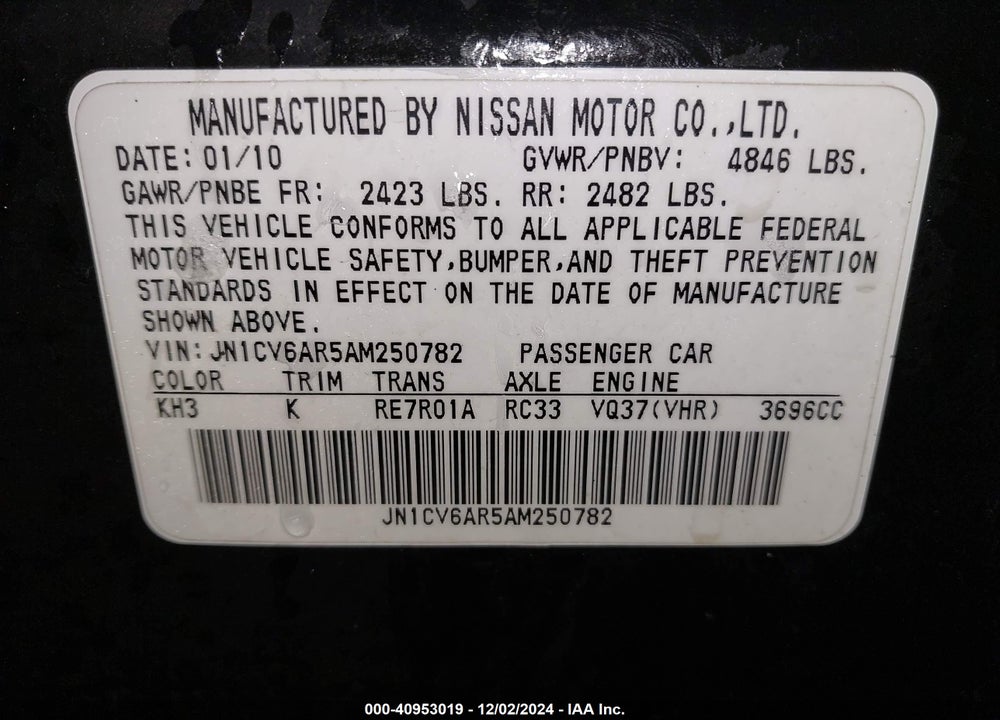 2010 INFINITI G37X VIN: JN1CV6AR5AM250782