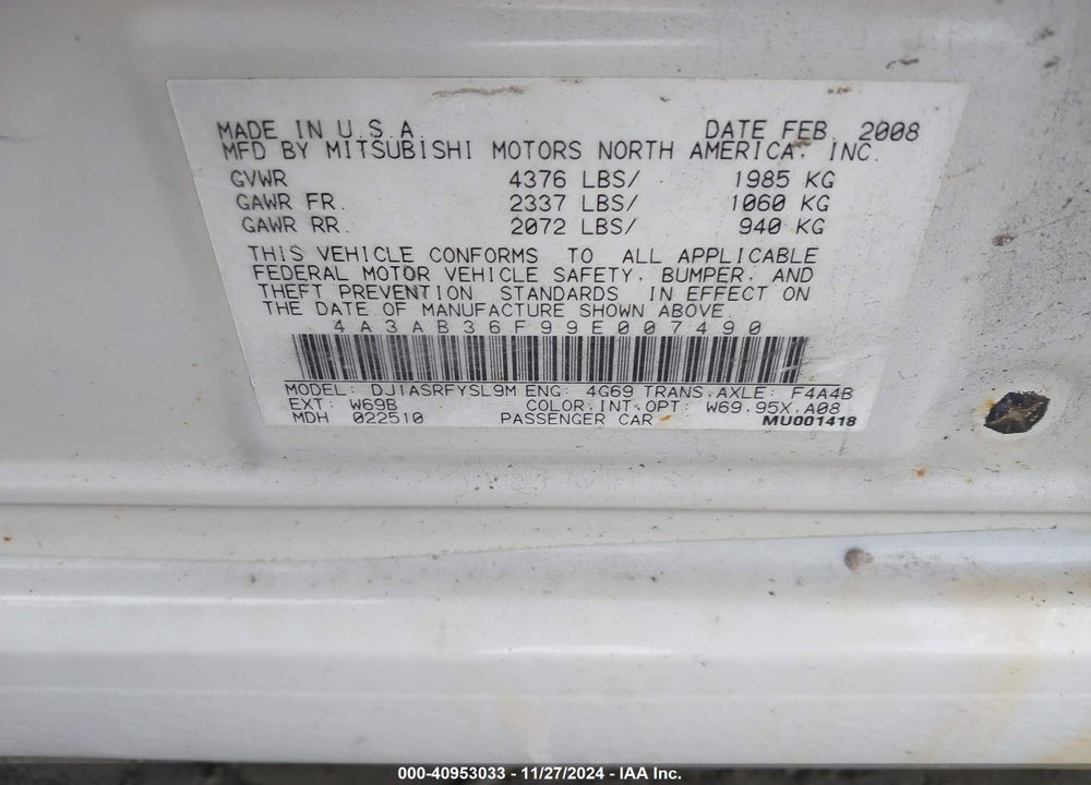 2009 MITSUBISHI GALANT ES/SPORT EDITION VIN: 4A3AB36F99E007490