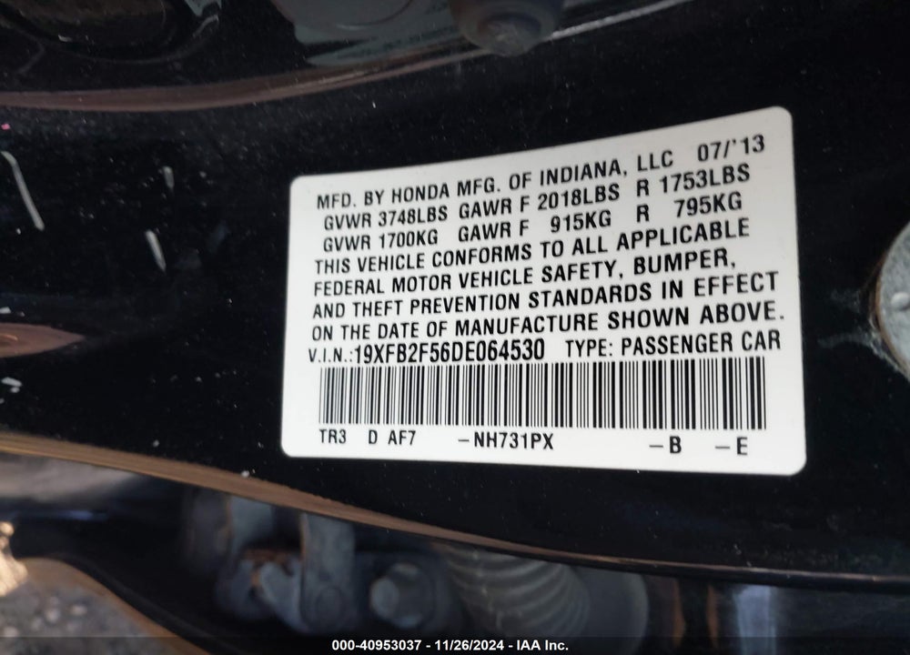 2013 HONDA CIVIC LX VIN: 19XFB2F56DE064530