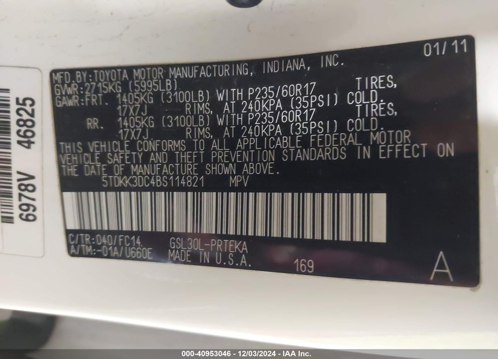 2011 TOYOTA SIENNA LE V6 VIN: 5TDKK3DC4BS114821