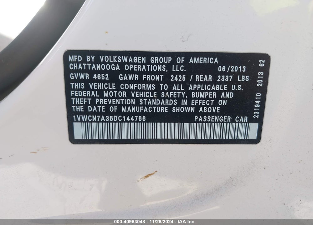 2013 VOLKSWAGEN PASSAT 2.0L TDI SEL PREMIUM VIN: 1VWCN7A36DC144766