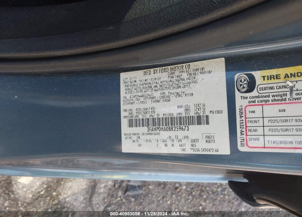 2011 FORD FUSION SE VIN: 3FAHP0HA0BR259673