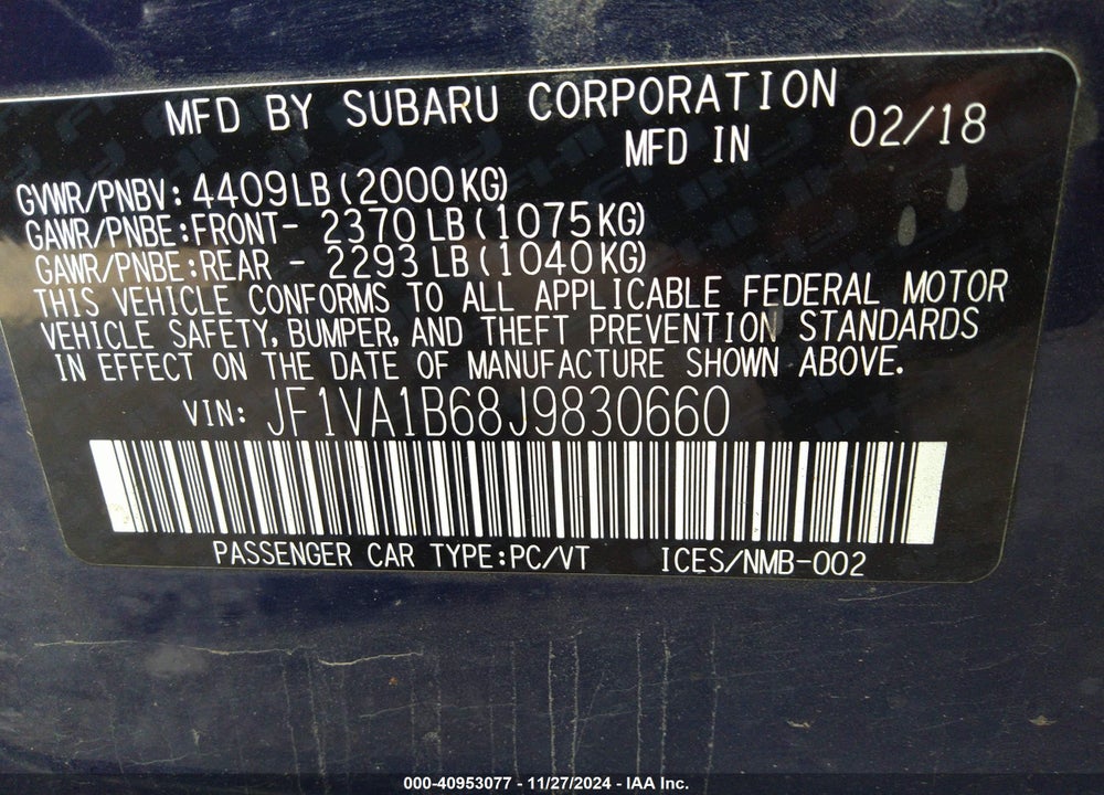 2018 SUBARU WRX PREMIUM VIN: JF1VA1B68J9830660