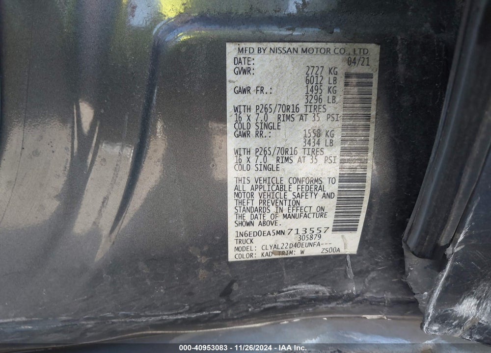 2021 NISSAN FRONTIER SV 4X2 VIN: 1N6ED0EA5MN713557