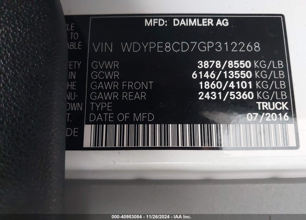2016 FREIGHTLINER SPRINTER 2500 HIGH ROOF/HIGH ROOF VIN: WDYPE8CD7GP312268