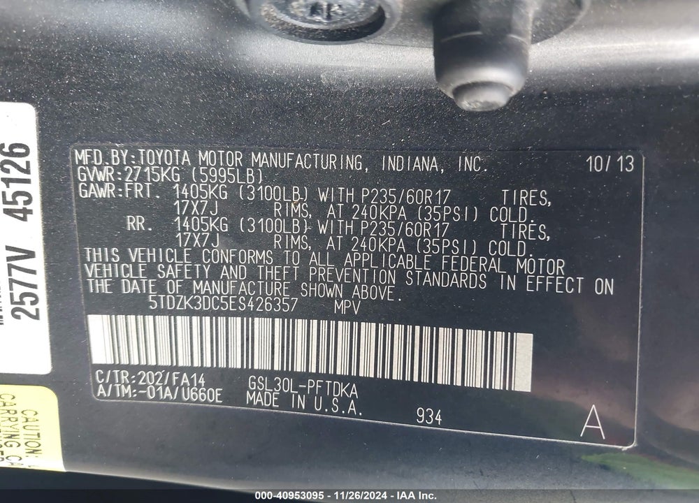 2014 TOYOTA SIENNA L V6 7 PASSENGER VIN: 5TDZK3DC5ES426357