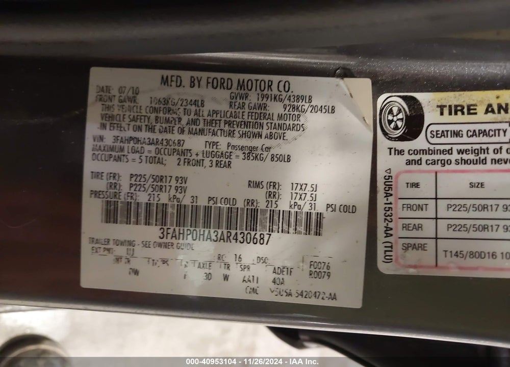 2010 FORD FUSION SE VIN: 3FAHP0HA3AR430687