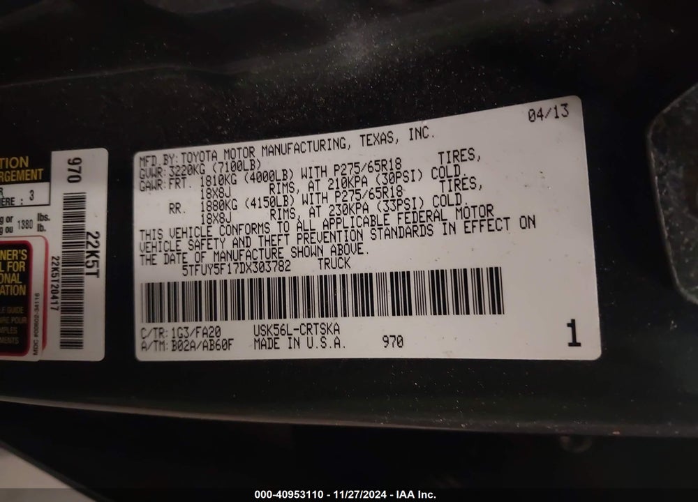 2013 TOYOTA TUNDRA DOUBLE CAB SR5 VIN: 5TFUY5F17DX303782