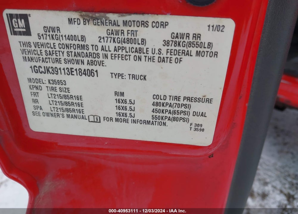 2003 CHEVROLET SILVERADO 3500 LS VIN: 1GCJK39113E184061