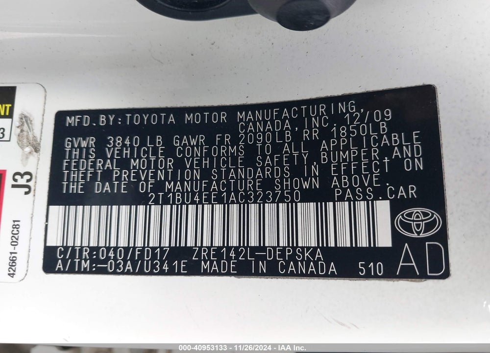 2010 TOYOTA COROLLA S VIN: 2T1BU4EE1AC323750