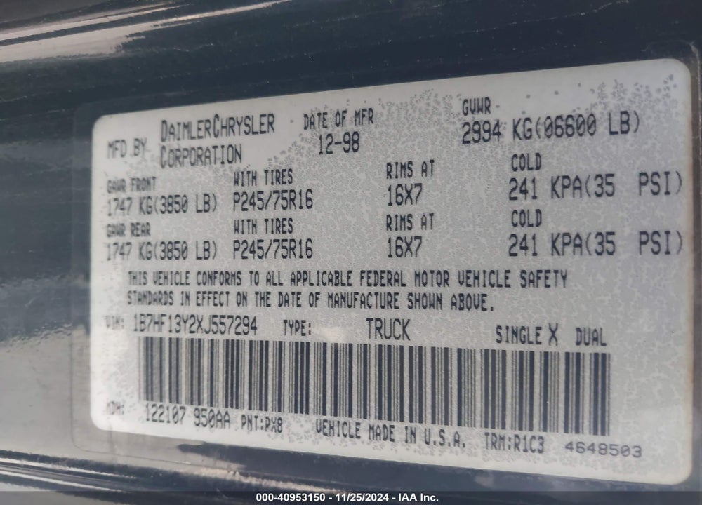 1999 DODGE RAM 1500 ST VIN: 1B7HF13Y2XJ557294