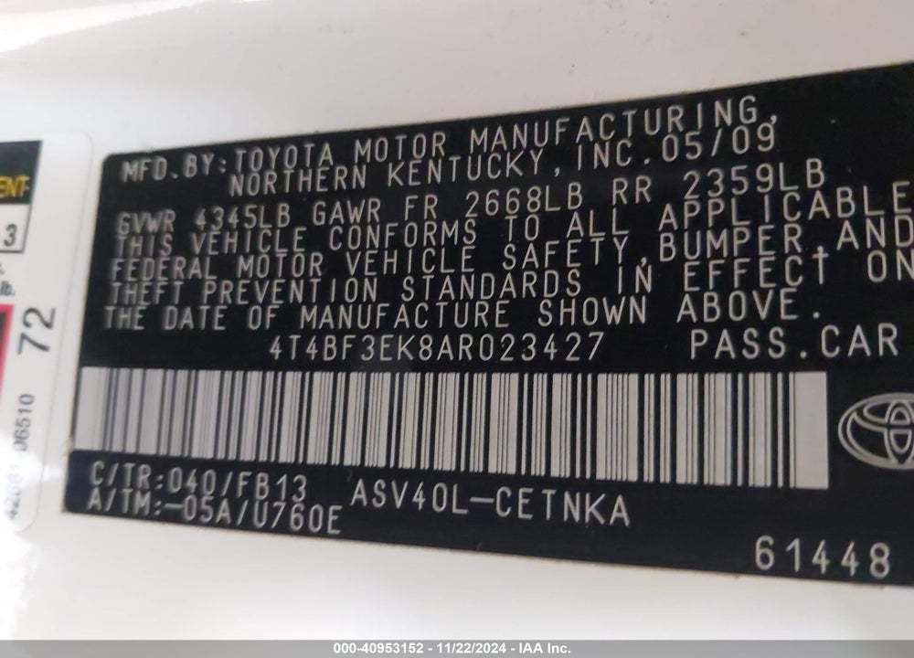 2010 TOYOTA CAMRY LE VIN: 4T4BF3EK8AR023427