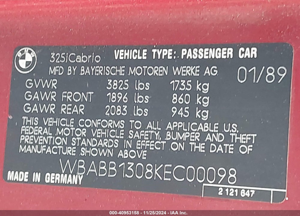 1989 BMW 325 I VIN: WBABB1308KEC00098