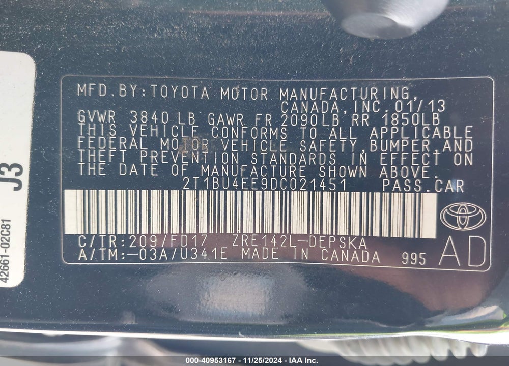 2013 TOYOTA COROLLA S VIN: 2T1BU4EE9DC021451