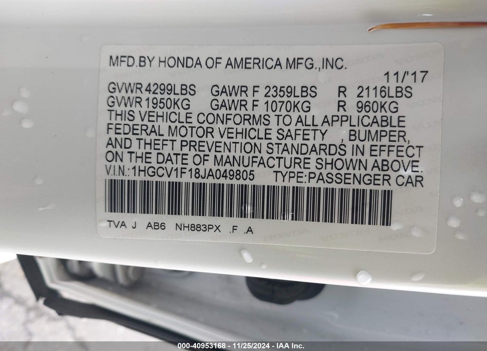 2018 HONDA ACCORD VIN: 1HGCV1F18JA049805