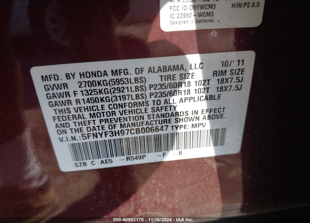 2012 HONDA PILOT TOURING VIN: 5FNYF3H97CB006647