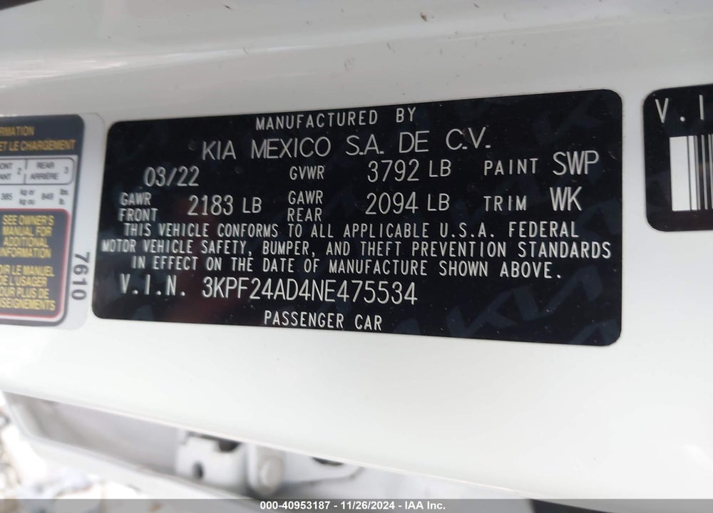 2022 KIA FORTE LXS VIN: 3KPF24AD4NE475534