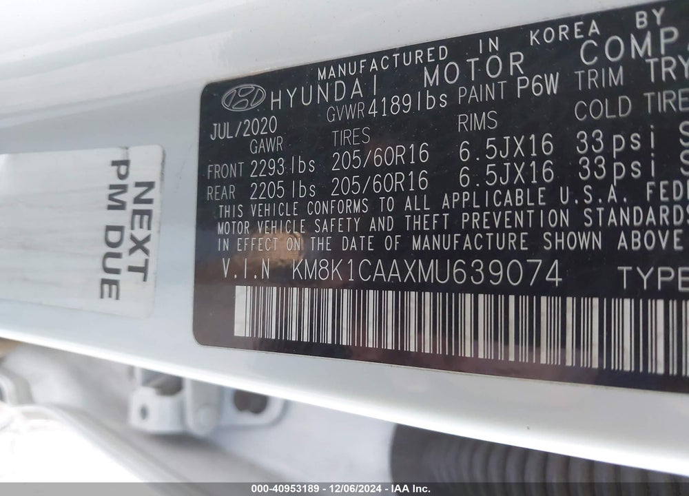 2021 HYUNDAI KONA SE VIN: KM8K1CAAXMU639074