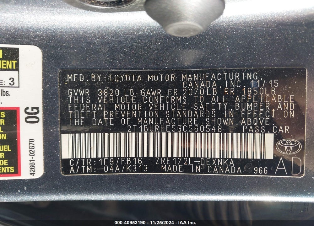 2016 TOYOTA COROLLA LE VIN: 2T1BURHE5GC560548