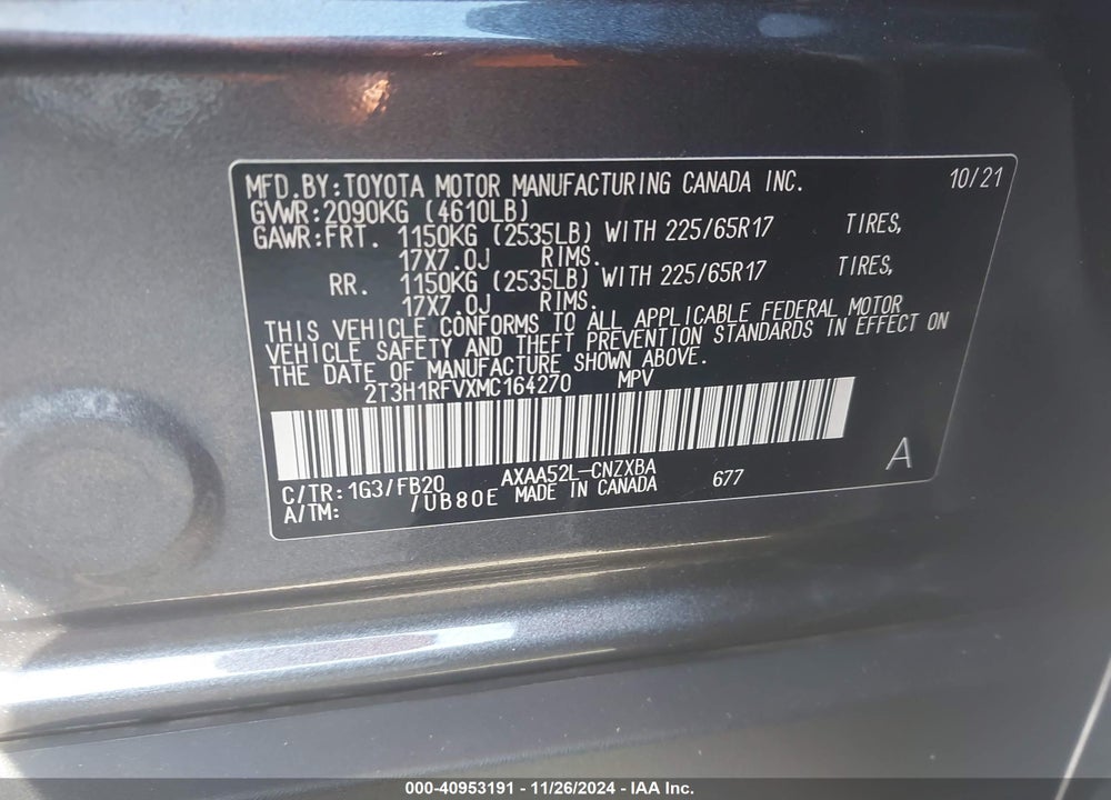 2021 TOYOTA RAV4 LE VIN: 2T3H1RFVXMC164270