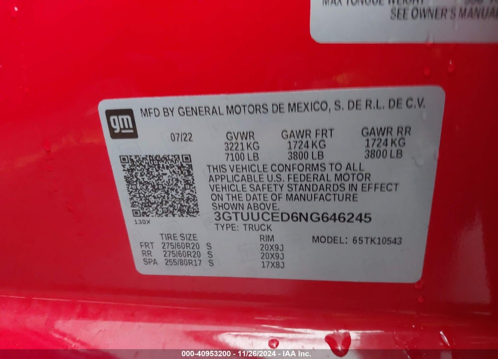 2022 GMC SIERRA 1500 4WD SHORT BOX ELEVATION WITH 3SB VIN: 3GTUUCED6NG646245