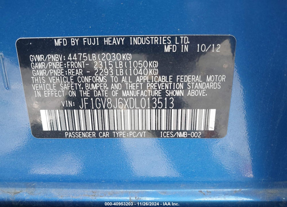 2013 SUBARU IMPREZA WRX STI LIMITED VIN: JF1GV8J6XDL013513