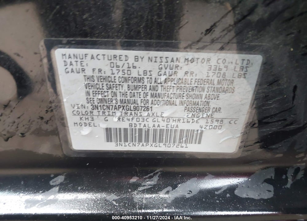 2016 NISSAN VERSA 1.6 S+ VIN: 3N1CN7APXGL907261
