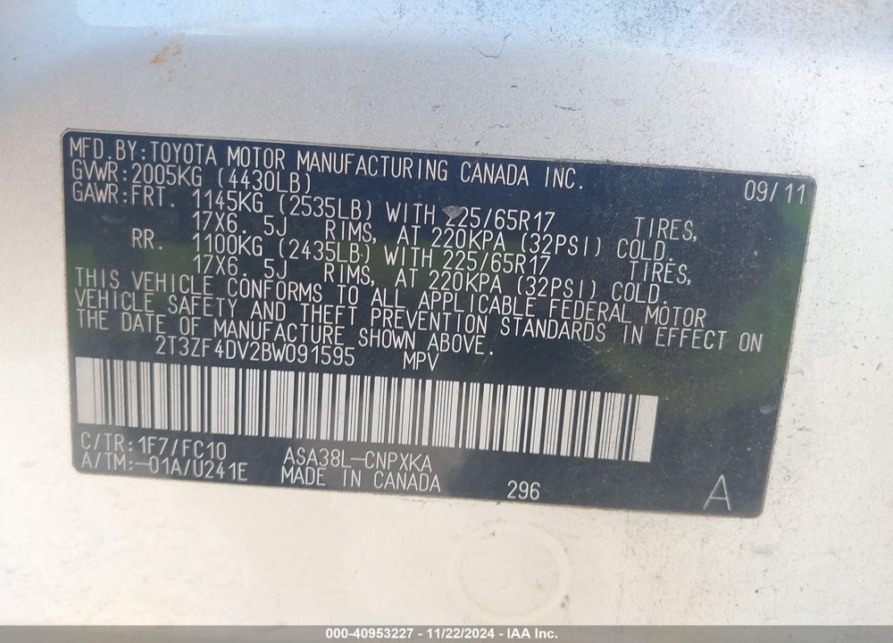 2011 TOYOTA RAV4 VIN: 2T3ZF4DV2BW091595