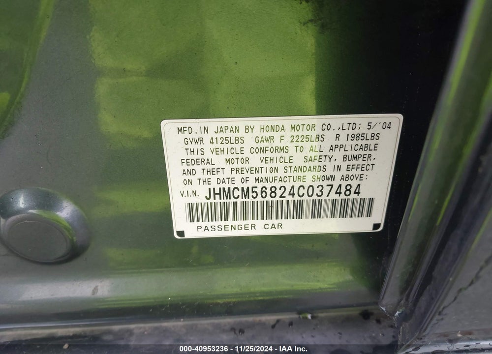 2004 HONDA ACCORD 2.4 EX VIN: JHMCM56824C037484